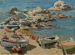 879.  JOSEP PUIGDENGOLAS BARELLA (Barcelona, 1906 - 1987)  “Bañistas. Calella”, 1974.