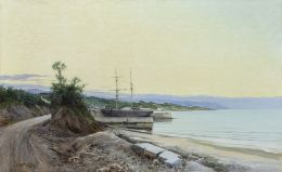 909.  JUAN MARTÍNEZ ABADES  (Gijón, 1862-Madrid, 1920)Puerto cantábrico con los Picos de Europa al fondo