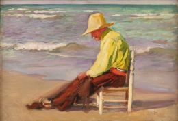 913.  CECILIO PLA Y GALLARDO (Valencia, 1860-Madrid, 1934)Hombre sentado junto a la orilla reparando las redes