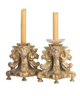 500.  Pareja de hacheros de madera tallada, policromada y dorada.Castilla, S. XVII.