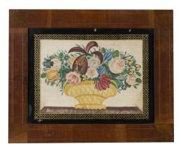 647.  Bordado con cesto de flores y marco eglomissé y de madera.Trabajo español, S. XIX.