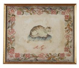 648.  Bordado a "gross point" con gato e iniciales "A.G.".España, S. XIX.