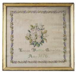 652.  Bordado con ramillete y nombre "Lucía Vallés Giralda".España, fechado 1876.