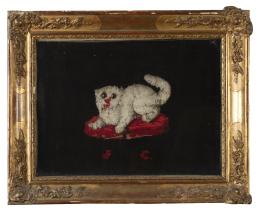 649.  Bordado con gato e iniciales.España, S. XIX.