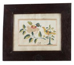 624.  Bordado Carlos IV con hilos de color decorado con ave y una peonía con las iniciales "A.C.".España, h. 1800.