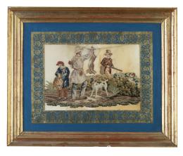 640.  Escena de caza.Bordado en "petit-point" y eglomizado en azul y dorado.Francia, S. XIX.