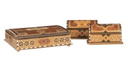 1103.  Lote de dos cofres y una caja de estilo neomudéjar con marqueterían geométrical y hueso.Trabajo granadino, h. 1900.