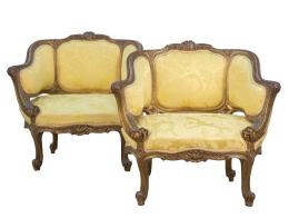 1355.  Pareja de bergeres de madera tallada y policromada de estilo Luis XV.Francia, h. 1900.