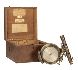 1266.  Teodolito, instrumento topográfico de bronce, en su caja otiginal de madera , con etiquetas que dice:  Castañon y Ca ingenieros, Gran via 13 Madrid.Viuda de Amado Laguna Fábrica de Rins. Fábrica de Instrumentos de precisión.Zaragoza, primer cuarto del S. XX.
