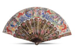1209.  Abanico "mil caras" con país de papel pintado y varillas y padrones de madera lacada y dorada.China, mediados del S. XIX.