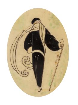 1274.  Hebilla art decó de hueso pintado con figura femenina.Francia, h. 1920 - 1930.