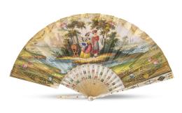 1223.  Abanico de papel pintado y dorado con varillaje de nácar y símil carey calado y policromado.Francia, h. 1830.
