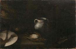 850.  ESCUELA ESPAÑOLA, SIGLO XVIIBodegón con jarro en cerámica, ave, plato y pistola sobre un pedestal