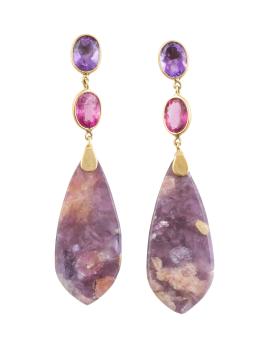 175.  Pendientes largos con gran gota de escapolita que pende de turmalina oval y amatista