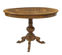 1288.  Velador de madera con marquetería de formas geométricas.Real Fábrica de Marquetería de Barcelona, segundo cuarto del S. XIX.