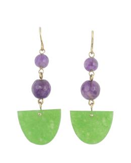 88.  Pendientes largos de abanico de jade que pende de dos esferas de amatistas
