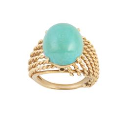 87.  Sortija con cabuchón de turquesa y montura bombée de hilos de cordoncillo de oro