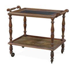 1257.  Carrito de madera torneada con marquetería.España, principios del S. XX.