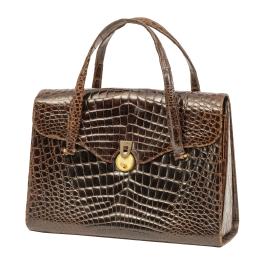 352.  Bolso vintage de piel de cocodrilo marrón brillante con dos