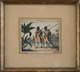 804.  FRIEDRICH WILHELM GOEDSCHE (1785- 1863)"Esclavos brasileños con perros de caza y mosqutes", "Soldados en Linhares con sus sayos", "Dama velada, llevada en una silla de manos por esclavos recorre las calles del Brasil colonial en su visita social" y "El hacendado y su esposa de viaje"