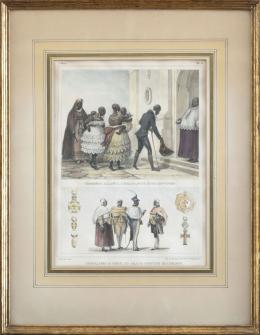 805.  JEAN BAPTISTE DEBRET (del) THIERRY FRÈRES (lith)"Les Barbiers ambulants, Pl 11/Boutique de Barbiers, Pl 12" y "Négresses allant a l´Eglise, pour être baptisees, Pl.8/ Chevaliers du Christ en grand costume de L´Odre" 