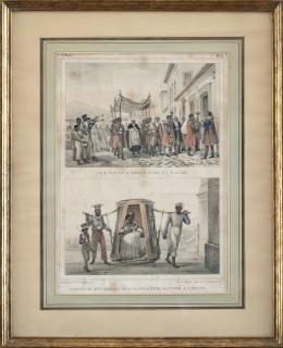 807.  JEAN BAPTISTE DEBRET (del) THIERRY FRÈRES (lith)"Scene de Carnaval /Paveurs. Marchande D´Ataca, Pl. 33" y "Le St Viatique chez un malade/ Tranpsort d´un enfant blanc, pour être batisé a l´ eglise, Pl. 12"