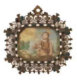 1269.  "San Juan Bautista".Medalla devocional con marco de bronce y esmalte, en el reverso monograma IHS.España, S. XVII.