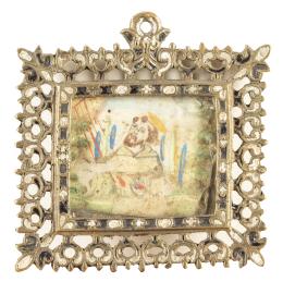 1268.  "Los estigmas de San Francisco".Medalla devocional con marco de bronce dorado y esmalte, en el reverso "SMR" bajo corona.España, S. XVII.