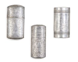 1088.  Lote de tres pureras de plata con decoración grabada. Con marcas.Rodríguez y J. León, Córdoba, 1868; las otras dos sin marcar, S. XIX.