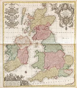 733.  MATTHÄUS SEUTTER (1678-1756)Mapa histórico de las islas británicas: "Tabula Novissima Accuratissima Regnorum Angliae, Scotiae, et Hiberniae"