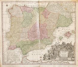 734.  MATTHÄUS SEUTTER (1678-1756)España y Portugal: "Novissima et Accuratissima Regnorum Hispaniae et Portugalliae Mappa Geographica..."