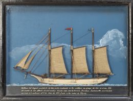 643.  Maqueta del barco "Virgen del Congost" sobre fondo pintado 