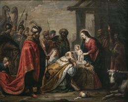 790.  ATRIBUIDO A PETER VAN LINT (1609- 1690)Adoración de los Reyes Magos sobre un paisaje
