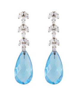 199.  Pendientes largos con gran topacio azul facetado, colgante de línea de hojitas de brillantes