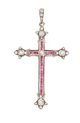 59.  Cruz colgante portuguesa Art-Decó con rubíes calibrados y diamantes en los extremos