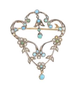 15.  Broche Belle-Epoque de roléos vegetales y flores con decoración de turquesas y perlas