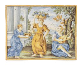 1309.  Placa de cerámica esmaltada en verede, azul, ocre, con una alegoría de la primavera.Castelli, Italia, medidados del S. XVIII.