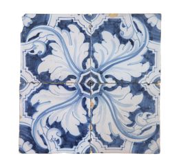 1003.  Conjunto de cuatro azulejos de cerámica esmaltada en azul de cobalto con hojas de acanto que parten de una estrella de ocho puntas.Talavera, h. 1570.
