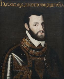 854.  ESCUELA ESPAÑOLA, SIGLO XVIIRetrato de Carlos V con armadura de gala