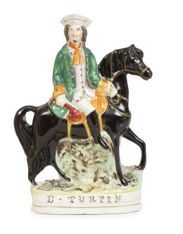 710.  Dick Turpin a caballo, con inscripción "D. Turpin" en la base.Figura de loza esmaltada.Staffordshire, Inglaterra, S. XIX.