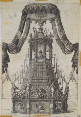 796.  FRANCISCO GAZÁN (grab) JOSEPH VIVES (dibujó) y JUAN PABLO MARTÍ (Imprenta)Túmulo levantado en la catedral de Barcelona para celebrar las exequias del Rey Carlos II