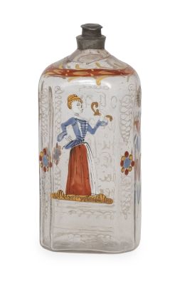 1060.  Garrafa de vidrio transparente con dama pintada y leyenda e