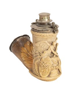 1385.  Pipa de espuma de mar tallada con alegoría con ángel y escudo coronad con águila bicéfala.Mediados del S. XIX.