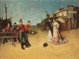 922.  JUAN JIMÉNEZ MARTÍN (Adanero, Ávila, 1855-Madrid, 1901)Militares descansando y cortejando a majas