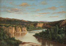 893.  ATRIBUIDO A LUIS RIGALT (Barcelona, 1814-1894)Vista de un paisaje a orillas de un río