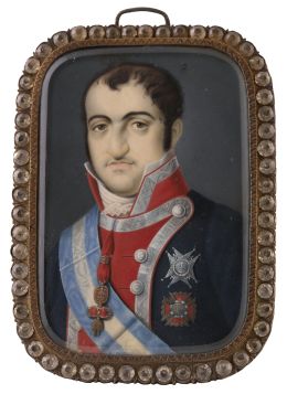 809.  ATRIBUIDA A LUIS DE LA CRUZ Y RÍOS (Puerto de la Cruz, Tenerife 1776 - 1853)Retrato de Fernando VII con el toison de oro y las grandes cruces de la Orden de Carlos III e Isabel la CatólicaH. 1824