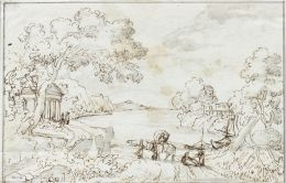 762.  CÍRCULO DE CLAUDIO DE LORENA o DE LORRAIN (Chamagne, h. 1600-Roma, 1682)La Huída a Egipto sobre un paisaje