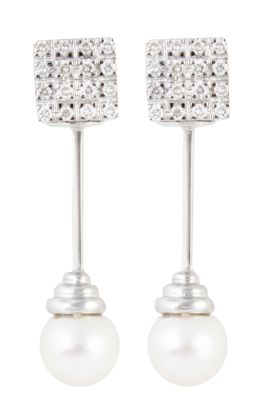 295.  Pendientes largos de perlas y brillantes desmontables, con cuadrado de brillantes superior y barrita de la que pende perla