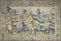 1086.  Tapiz en lana y seda con escena narrativa, rematada por cen