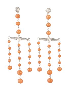 202.  Pendientes largos de cuentas de coral en tres líneas colgantes de barrita y línea superior